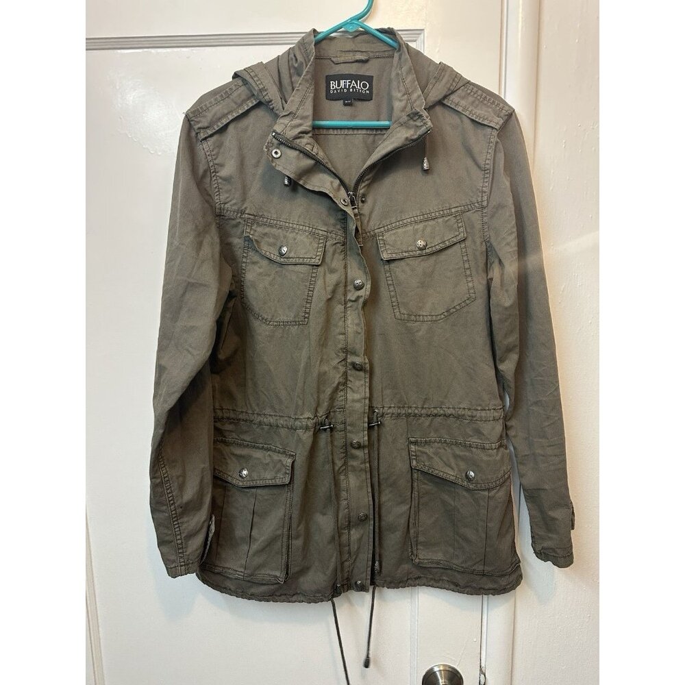 Buffalo David Bitton Utility Jacket Medium Olive Green Hooded Military‎ Style
